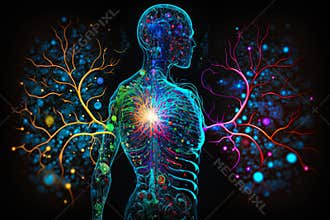 An image of human body with the brain and nervous system. Generative AI