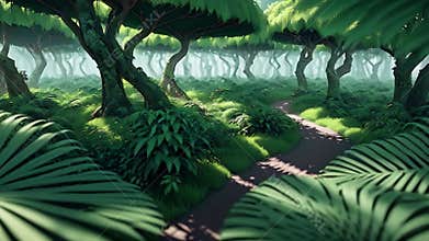 Dense green jungle animation. AI generated video