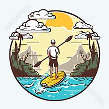Man paddling on stand up paddleboard. Summer vacation leisure activity. Cartoon illustration. isolated background, label, sticker