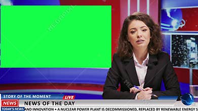 Media host presents news on greenscreen