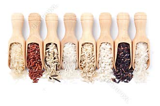 Wooden scoops with different rice types scattered from them