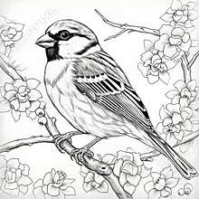 Detailed Black And White Sparrow Line Drawing For Coloring