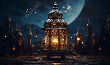 islamic lamp lantern with star moon night sky background, generative ai