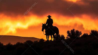 Silhouette of a person in the sunset. Silhouette of a cowboy during a glorious sunset.