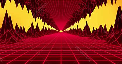 Animation of diminishing perspective of grid street moving amidst mountains