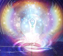 Silhouette yoga meditation, universe, nebula, spiritual healing, human body energy chakras, angelic wings