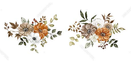 Watercolor fall floral bouquet illustration, isolated on white background. Botanical painting