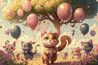 painting of cat and kittens in field with balloons. Generative AI