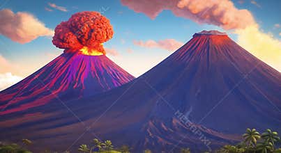 Volcanic eruption natural disater landscape painting illustation. Ai generated for childrens books