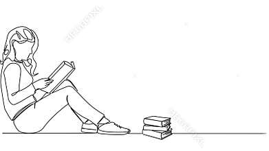 animated continuous single line drawing of woman sitting on floor reading a book