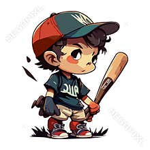 Cartoon boy baseball player with a bat on a white background. For your sticker or logo design