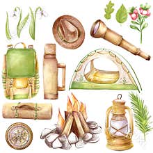 Camping watercolor clipart, tourism, travel, set of illustrations. Tent, bonfire, fishing rod, hat, tourist rug, compass