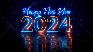 Futuristic Blue Orange Glowing Neon Light Happy New Year 2024 Text Reveal With Floor Reflection Amid The Falling Snow