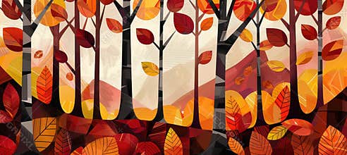 Abstract Autumn Forest with Geometric Trees in Warm Colors for Contemporary Art Prints and Posters