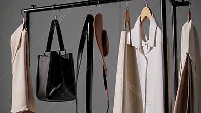 Elegant clothing and accessories hanging on display rack