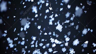 Snowflakes are gently falling against a dark blue background, creating a magical winter wonderland scene, perfect for christmas or
