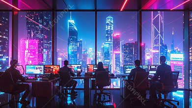 Programmers working in modern office overlooking futuristic skyline at night.