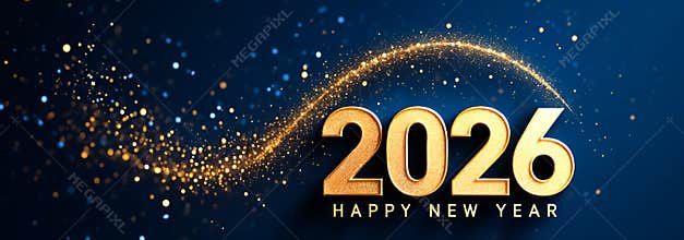 Banner for the year 2026 with gold glitter and the words Happy New Year