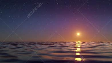 Starry ocean with sunset glow and calm water reflection.