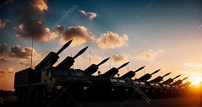 Powerful Military Convoy Under a Dramatic Sunset Sky