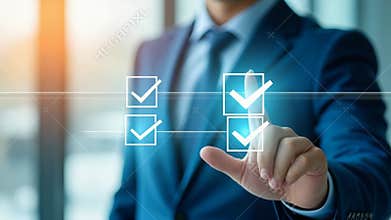 Compliance rules and law regulation policy on virtual screen, documents with checkbox lists