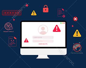 Weak security cocnept with login and failed attempt on the computer screen, threat, virus,