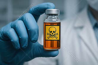 Scientist wearing gloves holding a vial with toxic warning symbol, dangerous chemical in laboratory environment, AI Generative