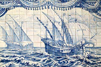 Portugal, historical Azulejo ceramic tile mural.