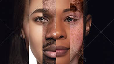 Playful stop motion. Human face made from different portrait of men and women of diverse age and race. Combination of faces.
