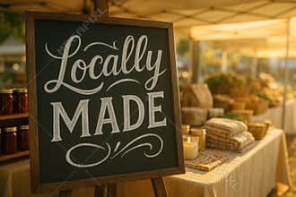 handcrafted products displayed at outdoor artisan market with chalkboard sign reading locally made in warm morning light, AI