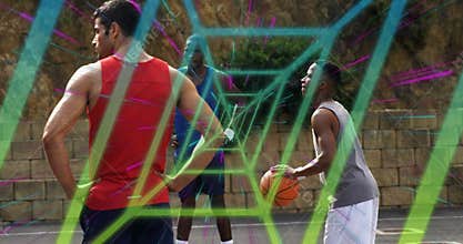 Three men on sports half-court forming neon grid tunnel as shooter crouching and shooting to score