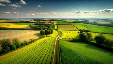 Aerial drone acres of green fields stretching for. Sunny landscape beauty of nature harvest farms. Top view from above