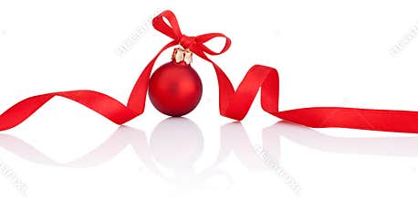 One Red Christmas ball with ribbon bow Isolated on white