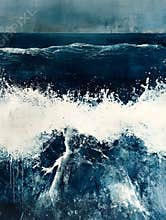 Generative AI Abstract Ocean Waves Painting with Dynamic Splash of White on Deep Blue Sea Water business concept.