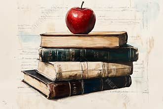 Books stacked with a red apple placed on top in an artistic display