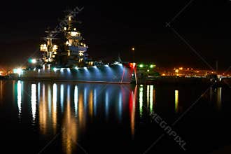 Old warship at night