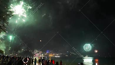 New Year's Fireworks Over the Ocean in Phuket, Thailand at Night