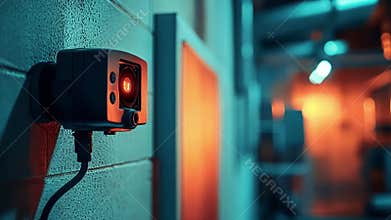 A focused image of an infrared thermal camera attached to a workshop wall highlighting its capability to detect