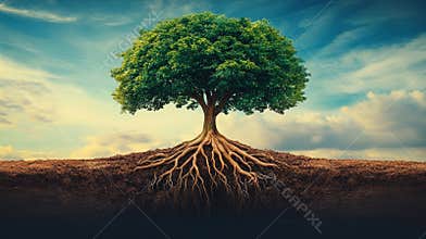 The cross-section of a tree reveals its roots and multiple soil layers in stark contrast to the blue sky above