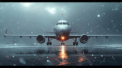 Commercial airplane on a snowy runway during a winter storm