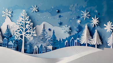 Snow falling on paper winter wonderland village