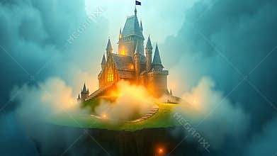 Fantasy castle on floating island, magical kingdom and fairytale stock footage Generative AI
