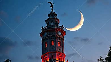 Clock tower with moon, night scene and historic architecture stock footage Generative AI