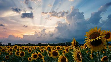 Sunflower field under blue sky, summer bloom and agricultural scene stock footage Generative AI