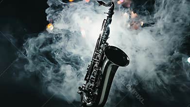 A saxophone is suspended in the air with smoke surrounding it