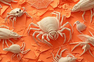 An orange background serves as the base for a Halloween flat lay composition that incorporates pumpkins, spiders, ghosts