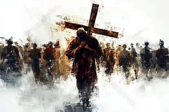 Jesus Christ carrying the cross surrounded by people .soft brush strokes paint colors.
