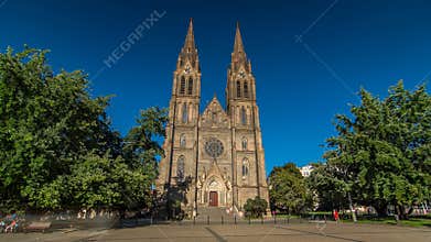 Medieval cathedral of Saint Ludmila timelapse hyperlapse in Prague in the Czech republic