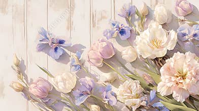 A bouquet of flowers with a white background. The flowers are pink, purple, and white