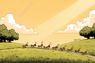 Ants March Toward a Picnic Spread on a Sunny Day in a Whimsical Comic Style Landscape Generative AI